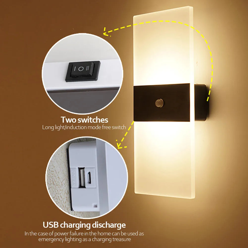 Rechargeable LED wall lamp with acrylic shade in black right-angle style
