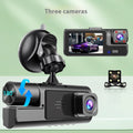 Black car dash cam with 2-inch screen, mounted on windscreen, showing WiFi logo and rear camera for reversing image.