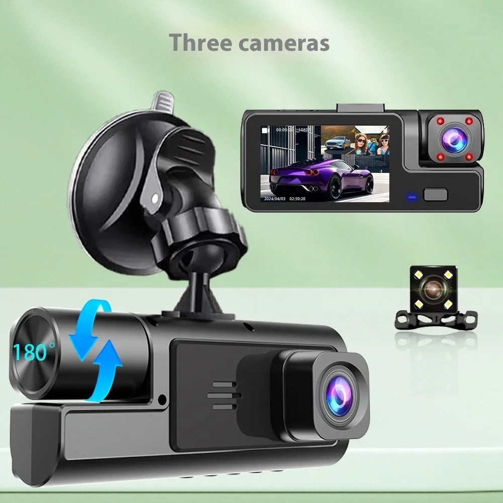 Black car dash cam with 2-inch screen, mounted on windscreen, showing WiFi logo and rear camera for reversing image.