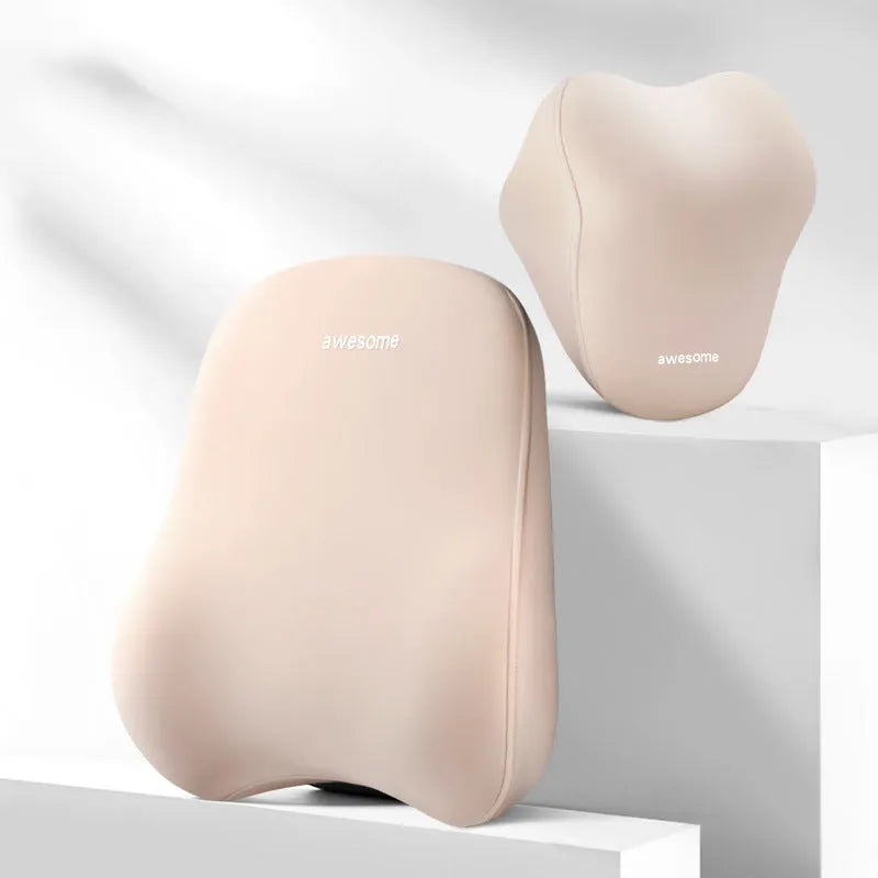 Automotive headrest and lumbar support pillow set with memory foam filler in three colour options