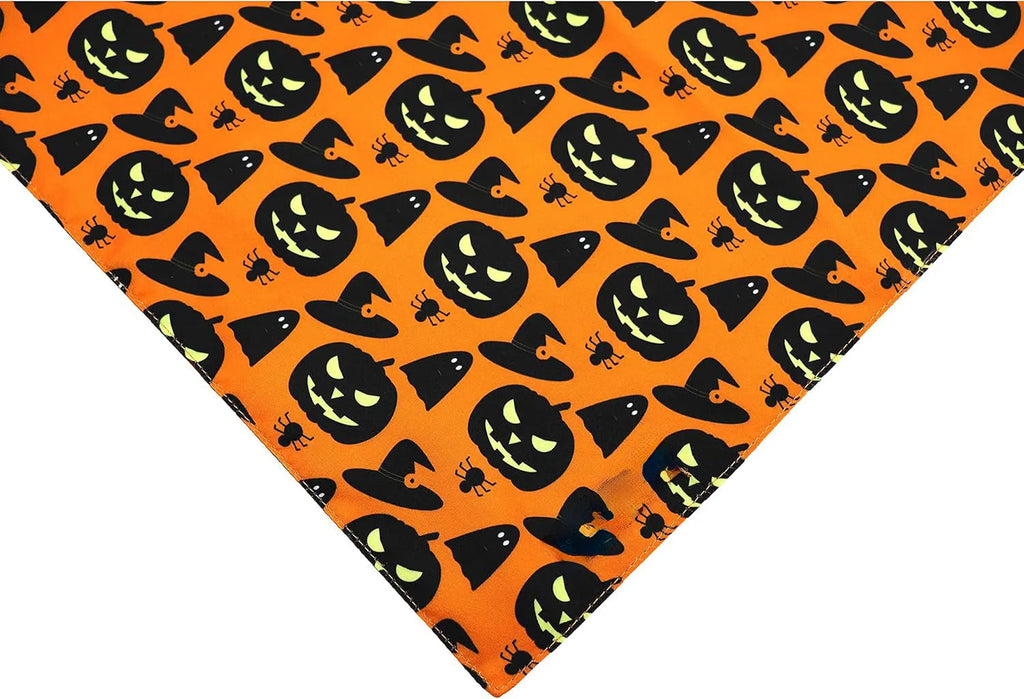 Halloween dog bandana with pumpkin and spider web patterns in black and orange colours