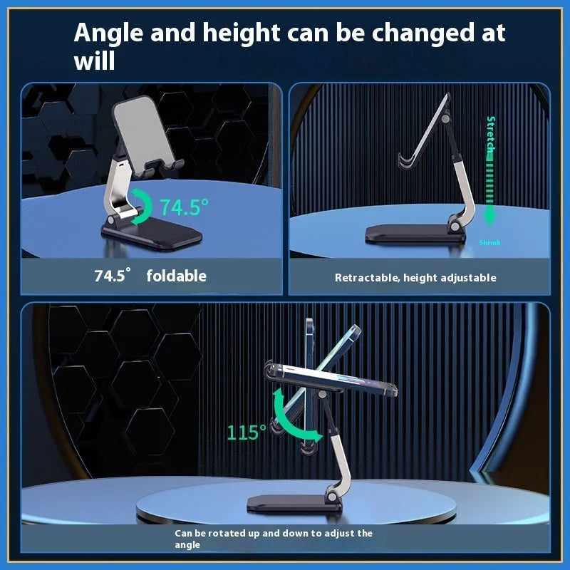 Folding portable desktop stand for mobile phones and tablets in white colour on a wooden desk