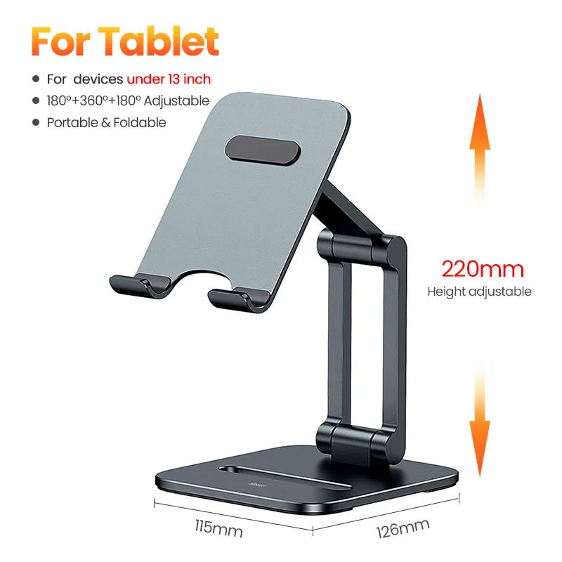 Deep space grey aluminium alloy folding stand holding a tablet and mobile phone separately