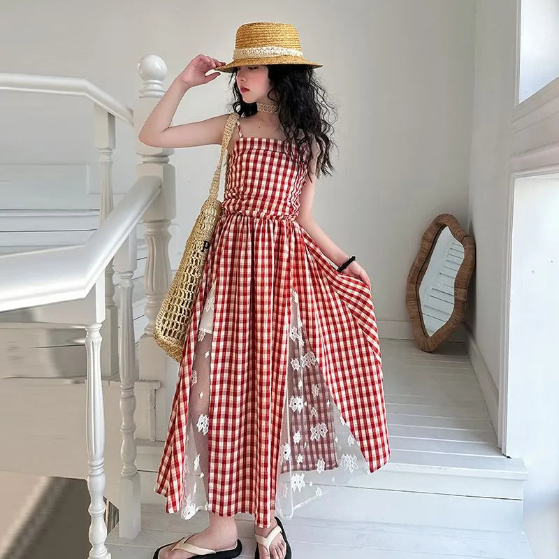 Red plaid non-slip girls dress with lace stitching and cartoon pattern