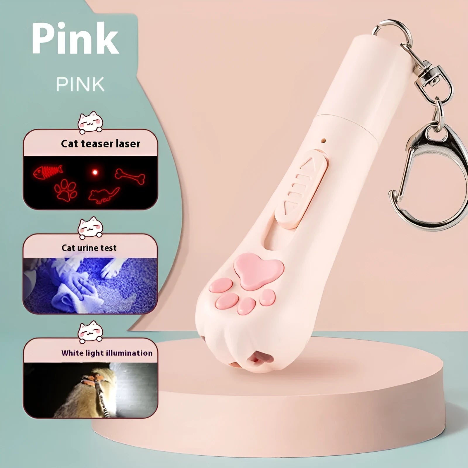 Cat charging pen light toy with feather attachment in cream white, pink, or sky blue colour