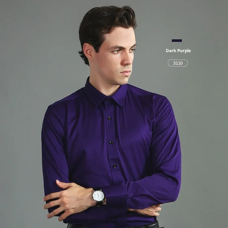 Casual four-way stretch long sleeve shirt in solid colour, slim fit cardigan style with 60 count synthetic fibre fabric