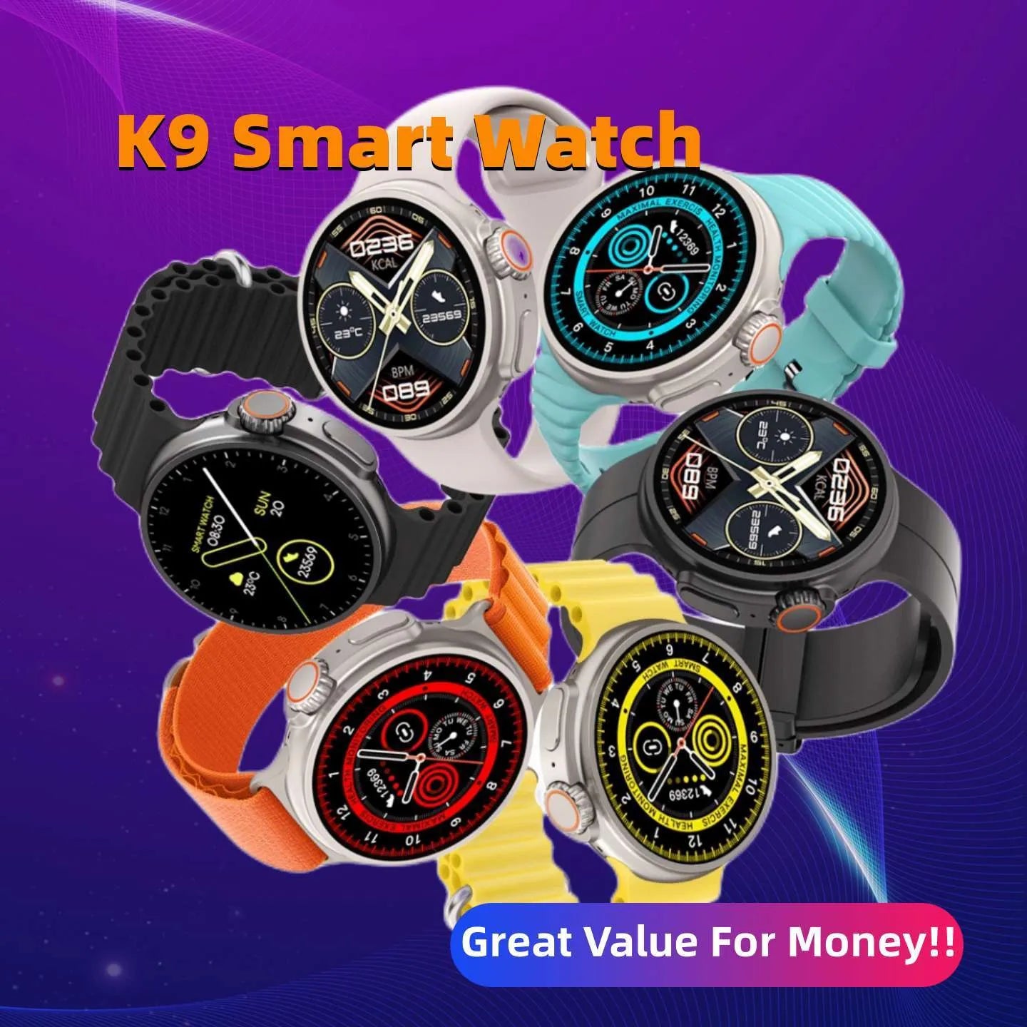 Black K9 smartwatch with round screen on a silicone strap, showing a fitness tracking display.