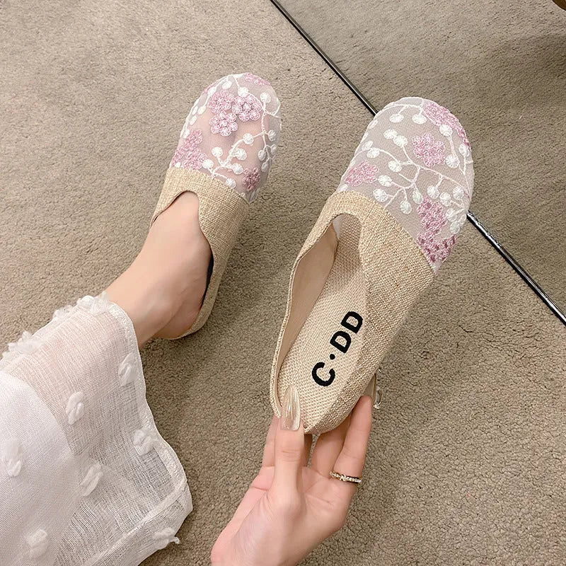 Women's mesh hollow toe box slip-on sandals low heel flat in green