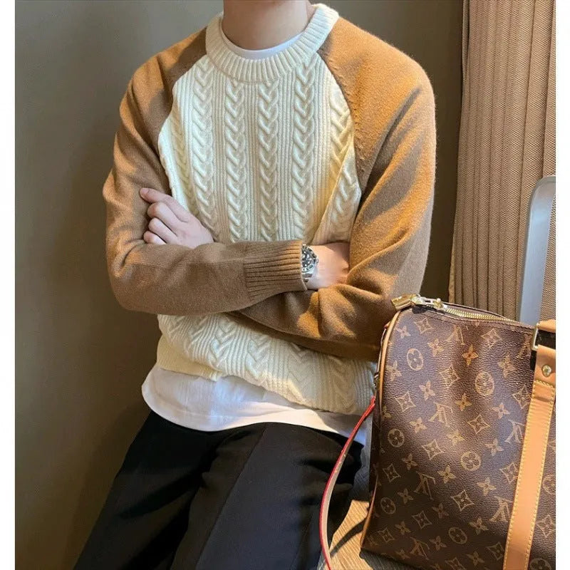 Thickened colour-blocked cable knit round neck pullover for men in apricot and blue