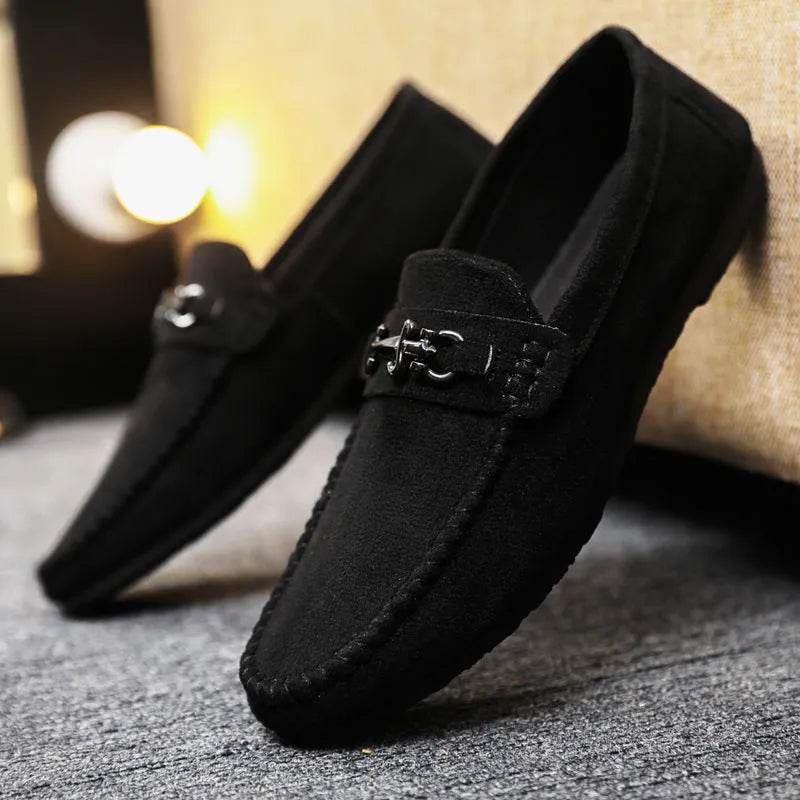 Men's waterproof slip-on loafers in black and brown with artificial PU leather uppers and rubber soles