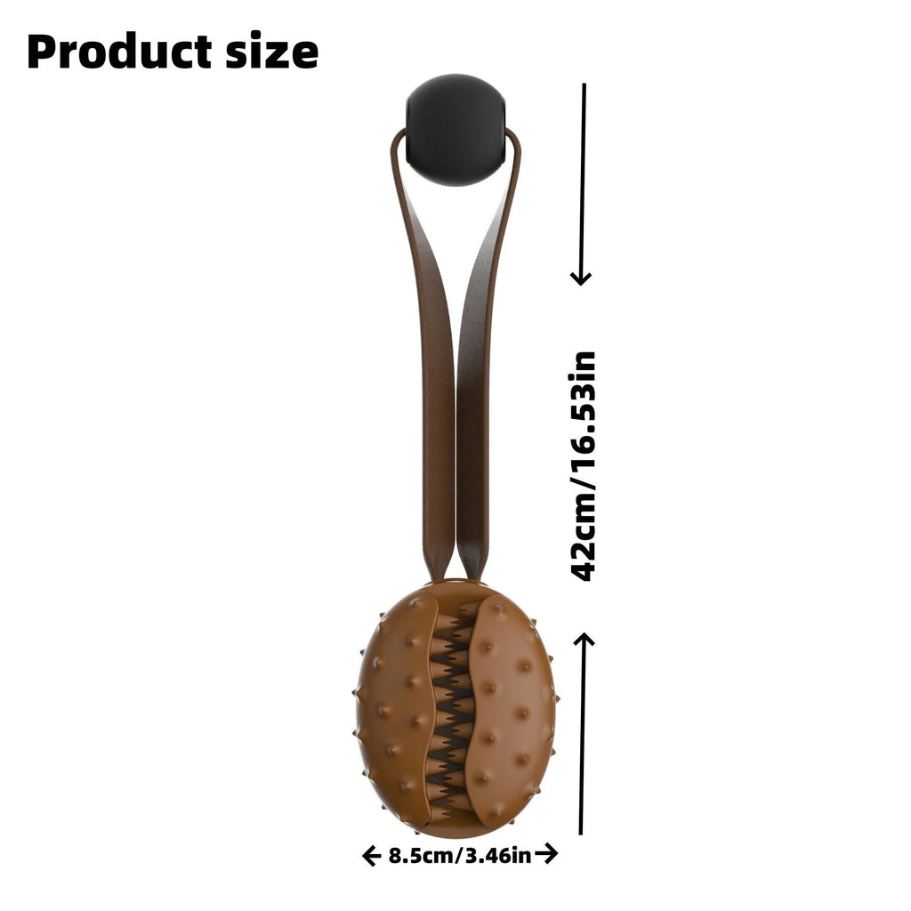 Coffee bean shaped TPR rubber dog chew toy with knotted rope centre in brown colour