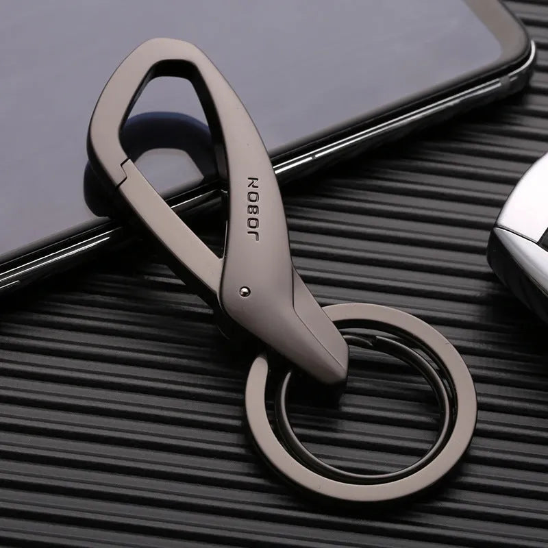 Black zinc alloy double ring key chain for car keys, shown with measurements.