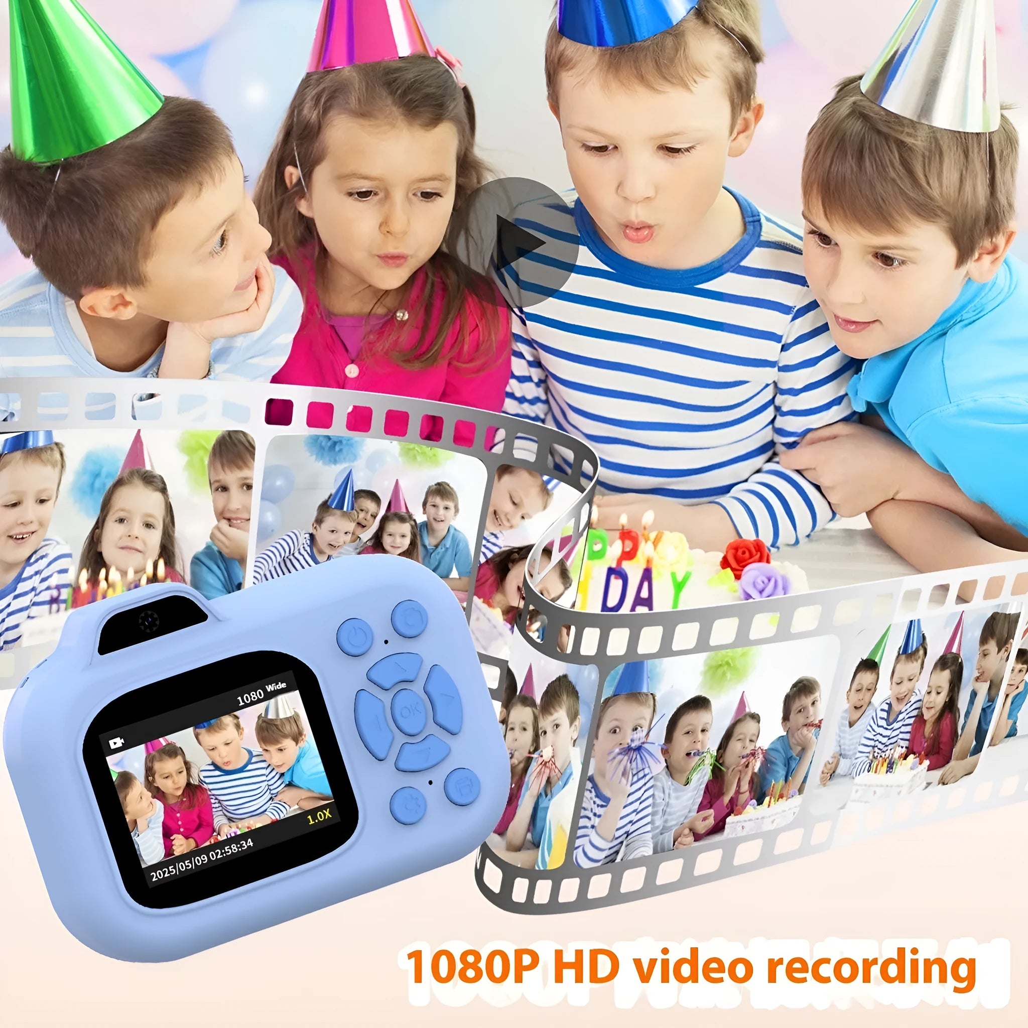 Children's toy camera for video and photos in blue, pink, or purple plastic with games and sticker functions.