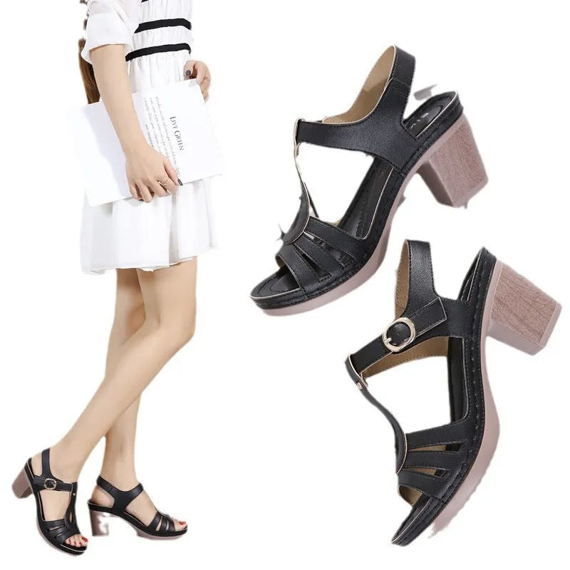 Women's patent leather thick-heel sandals with metal buckle in black, pink or apricot
