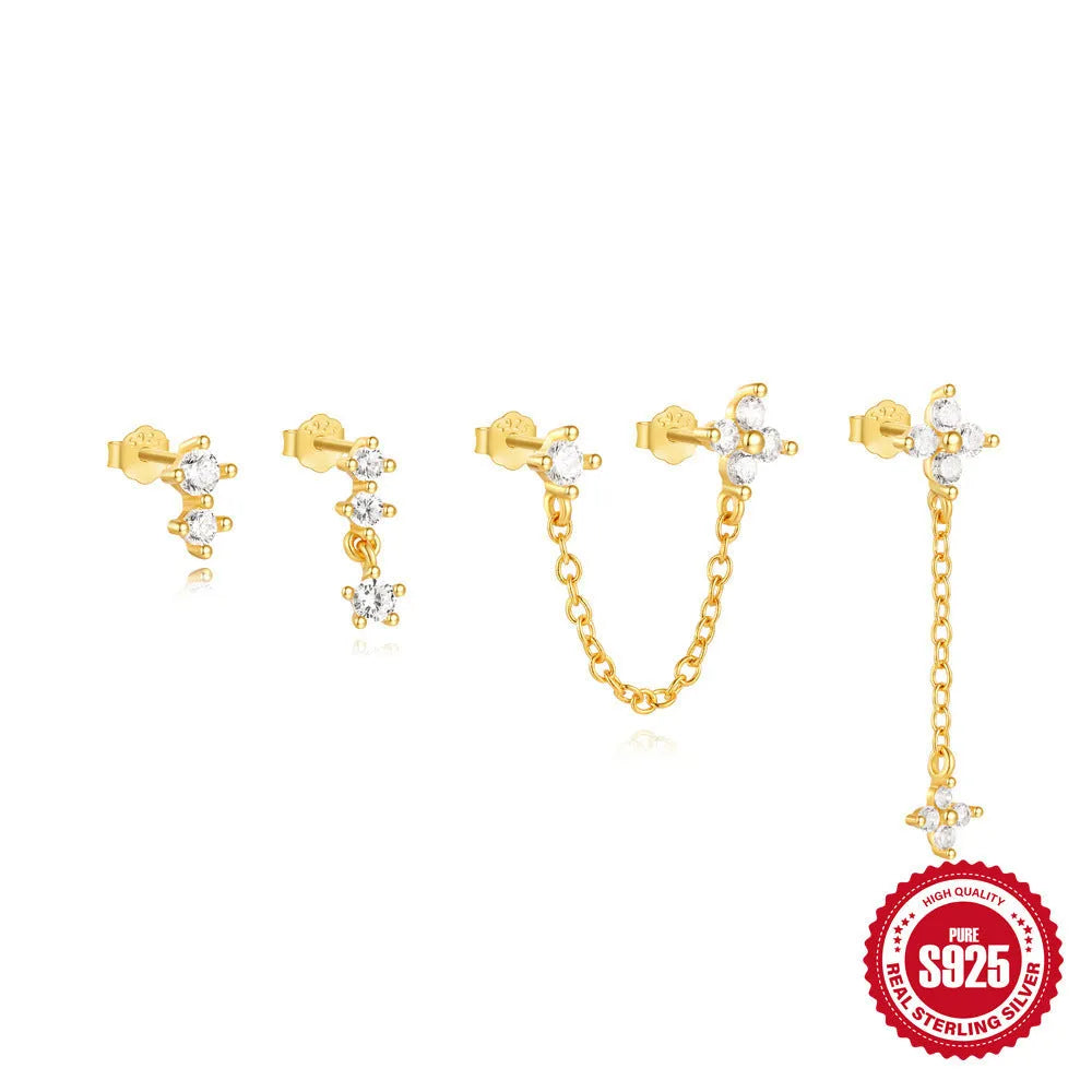 S925 sterling silver geometric earrings with a cold-style clover petal design in a gold-tone finish.