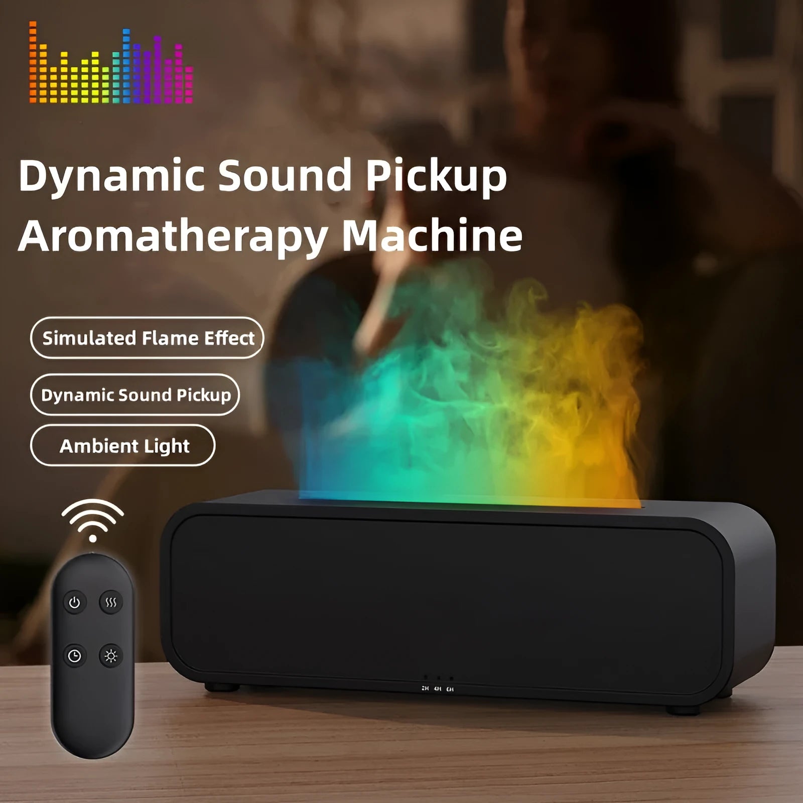 Black Flame Dynamic aroma diffuser with flickering light effect and remote control on a table.