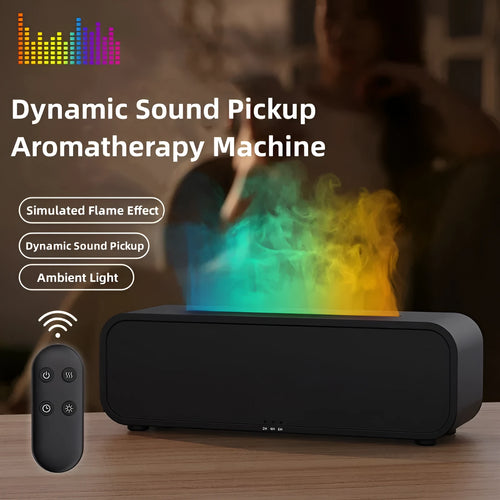 Black Flame Dynamic aroma diffuser with flickering light effect and remote control on a table.