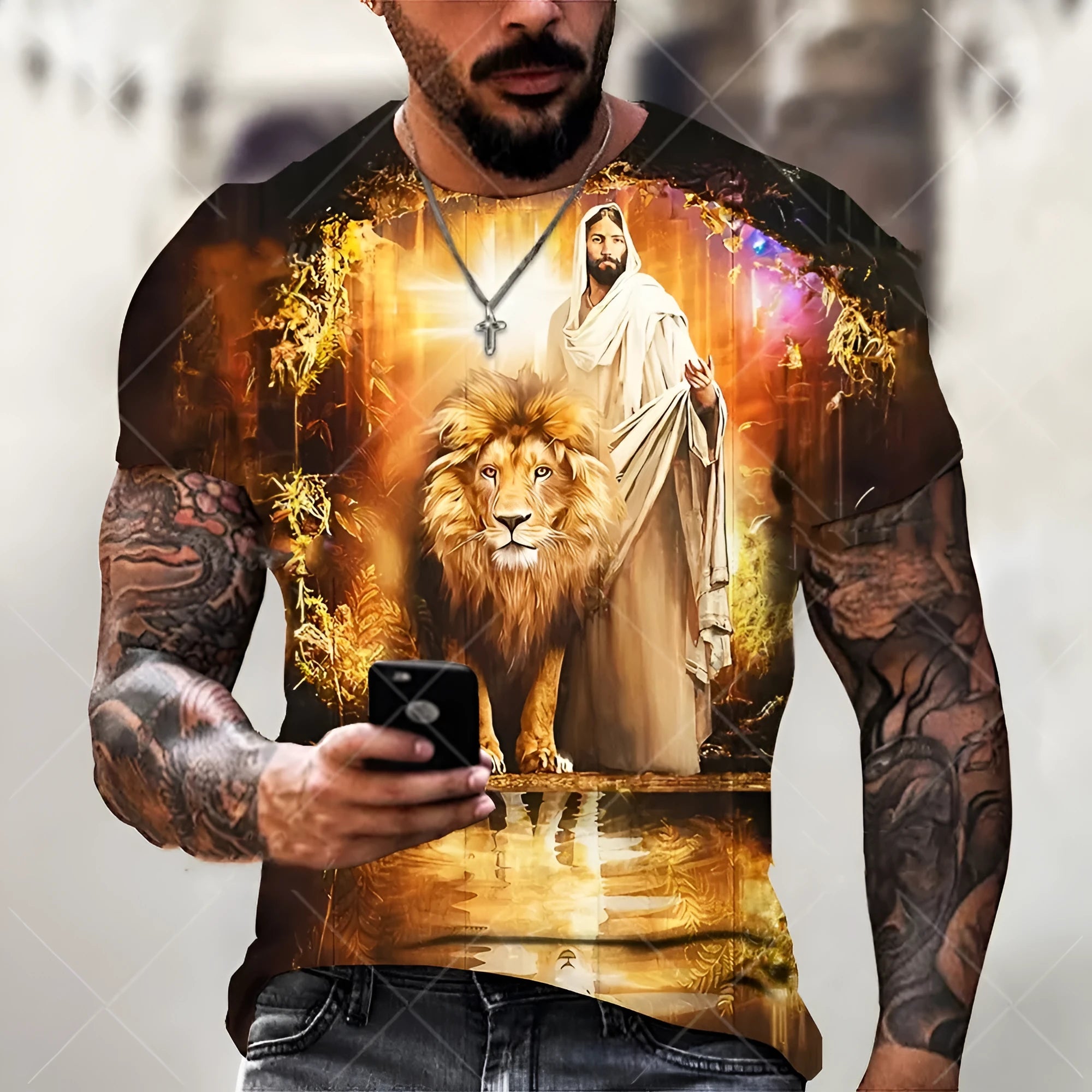Men's grey T-shirt with a raised 3D printed Jesus design on the chest, short sleeves.