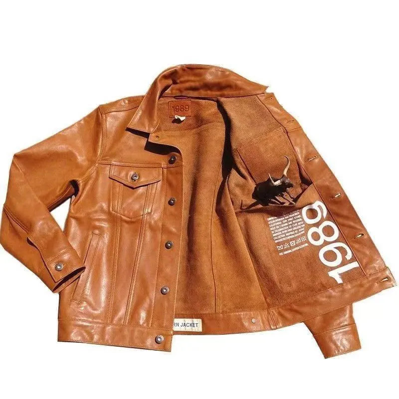 Men's cowboy leather jacket in black or coffee colour, cowhide genuine leather, no lining, ultra-short length 40cm or less