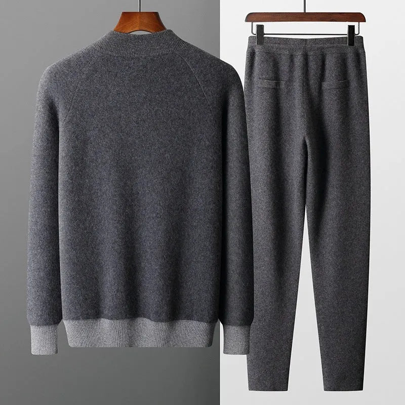 Men's thickened cashmere blend half turtleneck zipper cardigan suit in navy grey and camel winter leisure set