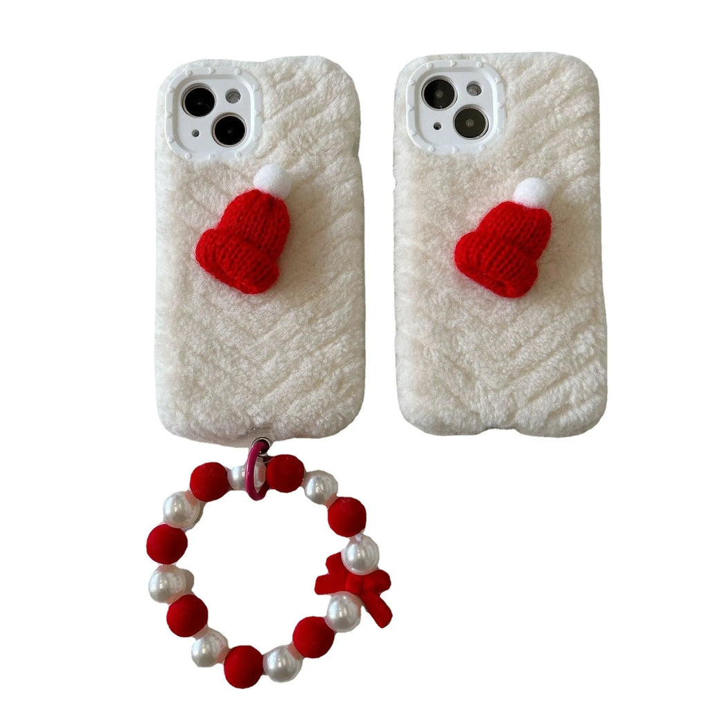 Red silicone phone case with plush Christmas hat bracelet for iPhone 14 Pro Max