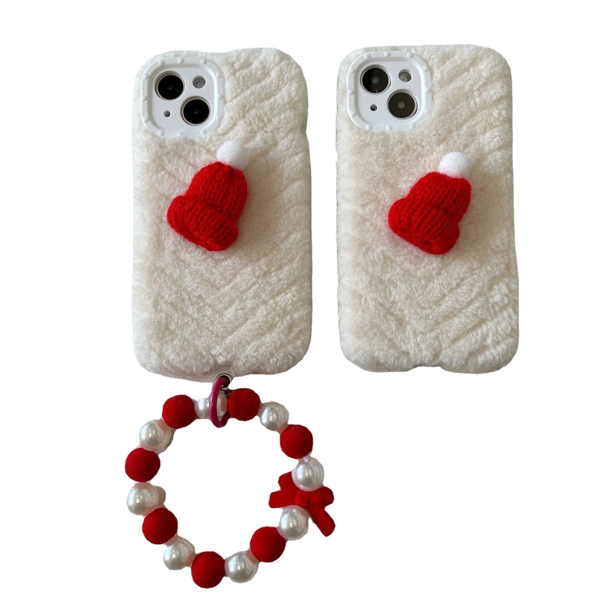 Red silicone phone case with plush Christmas hat bracelet for iPhone 14 Pro Max