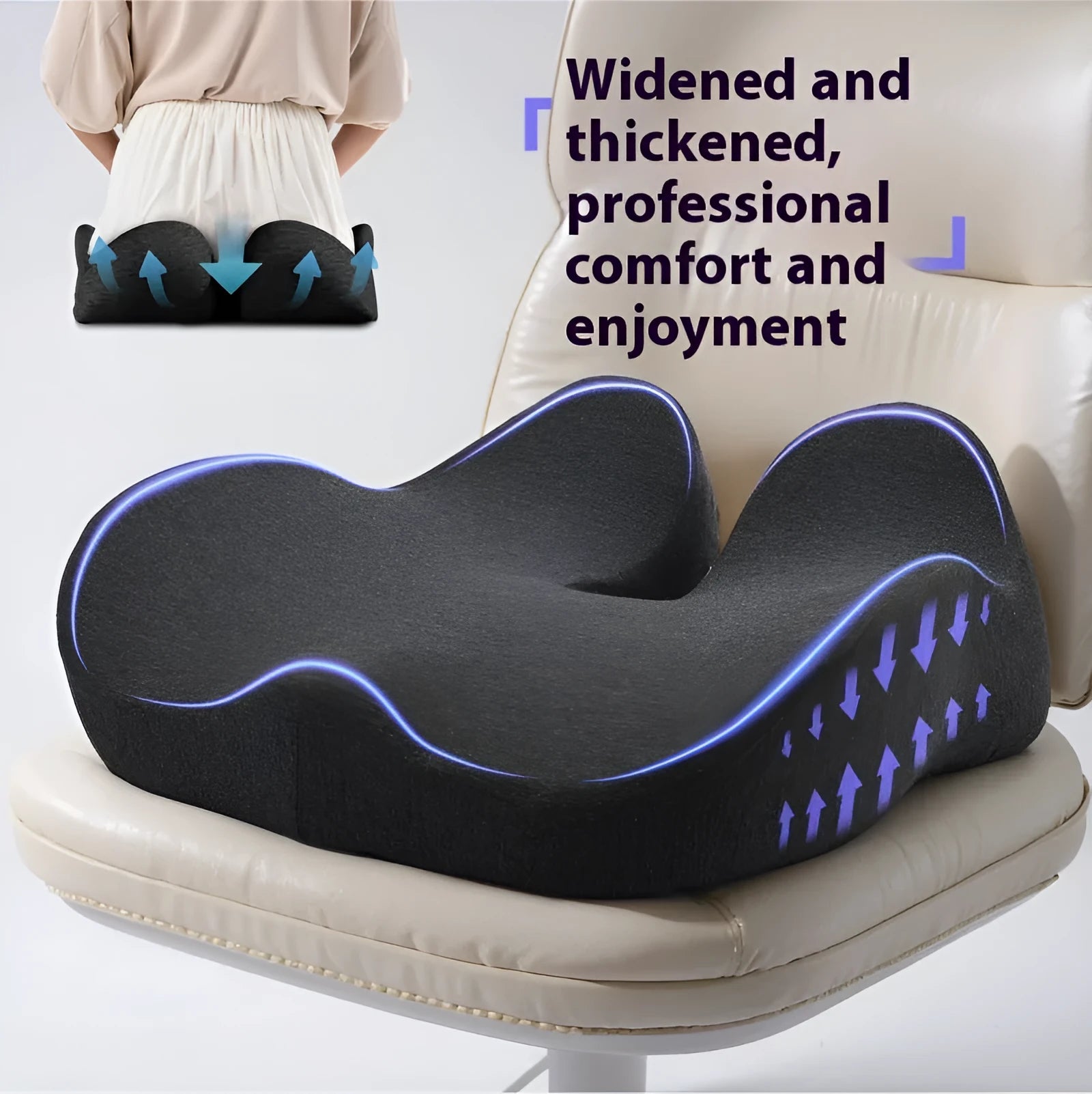 Light grey memory foam seat cushion for an office chair.