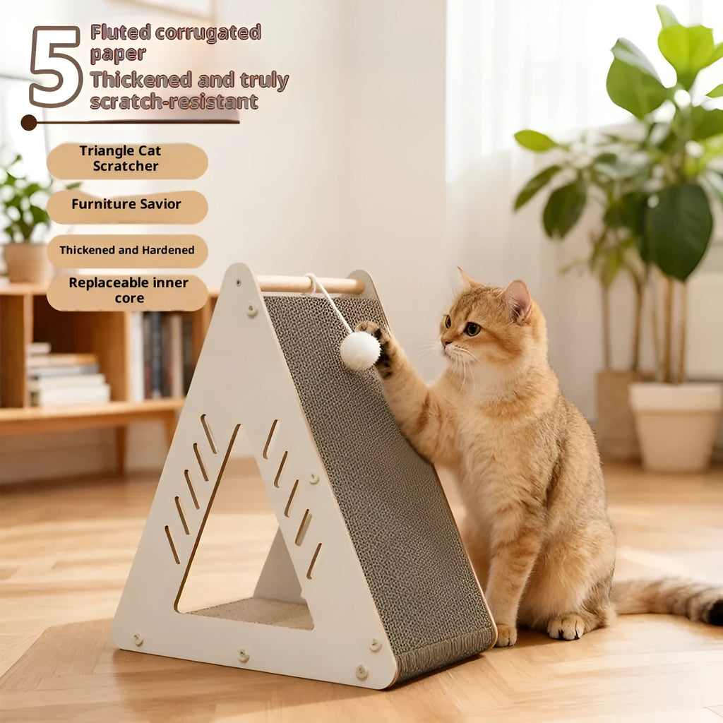 Triangular corrugated cardboard cat scratching board with MDF frame, nest and climbing function, plus replacement core.
