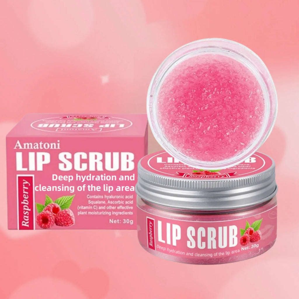 Amatoni Lip Scrub pot in coconut, raspberry, vanilla, or watermelon flavour, 30g.