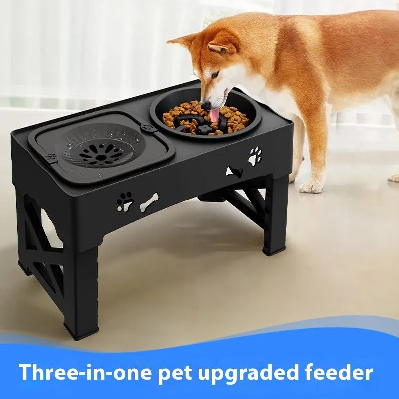 Pet stainless steel double bowl integrated lifting dog feeder in black and gray with silicone base on floor