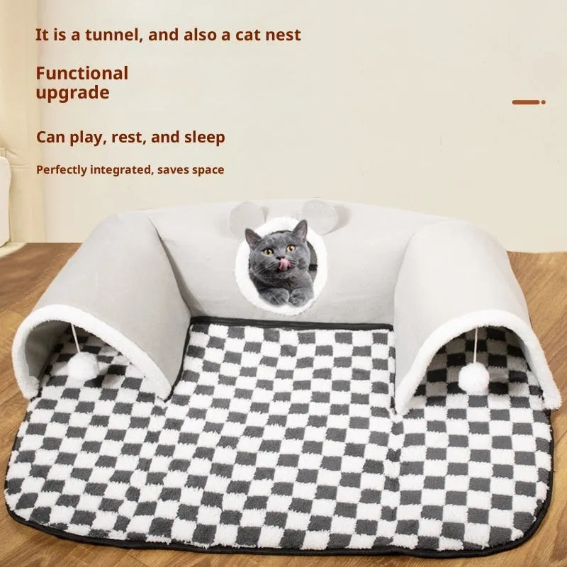 U-shaped cat tunnel channel rolling dragon bed in gray cloth with removable washable cover, large size