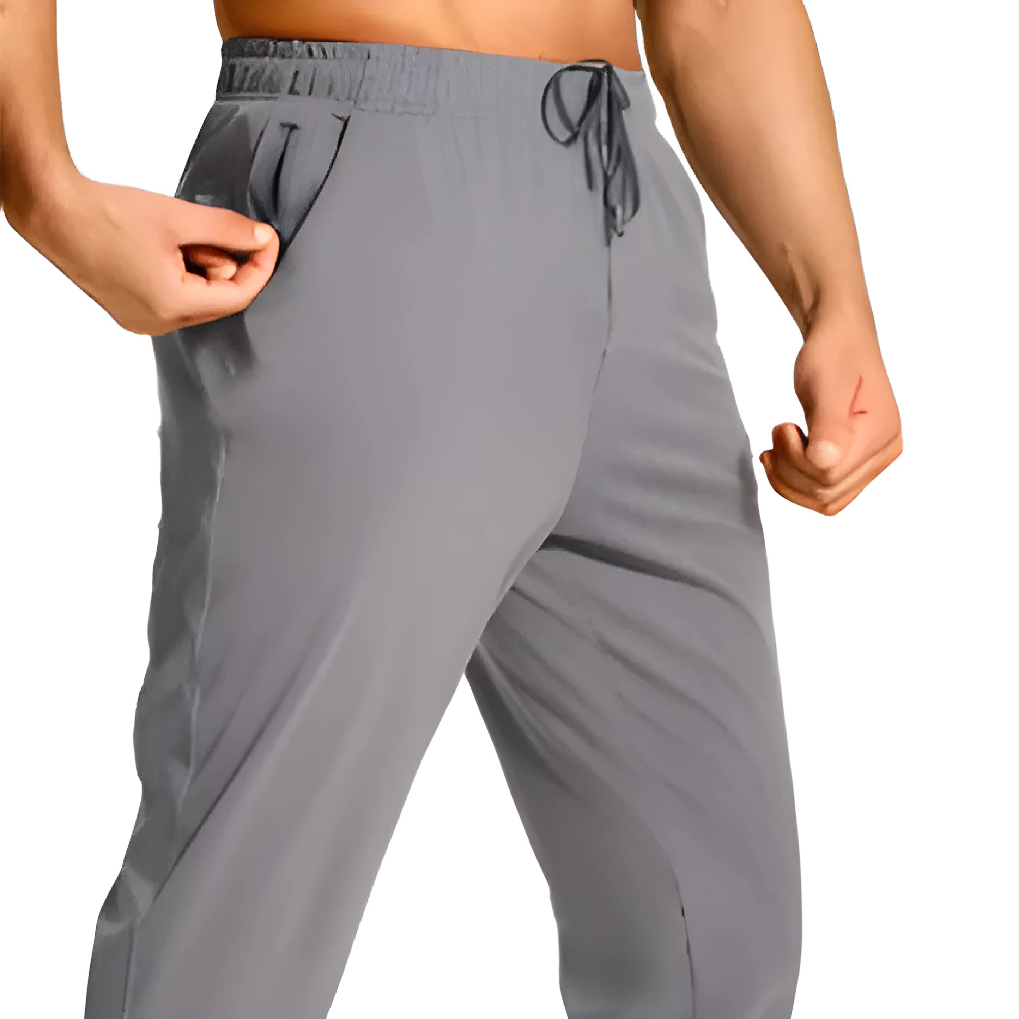 Men's loose fit solid colour casual trousers in polyester fabric on a hanger.