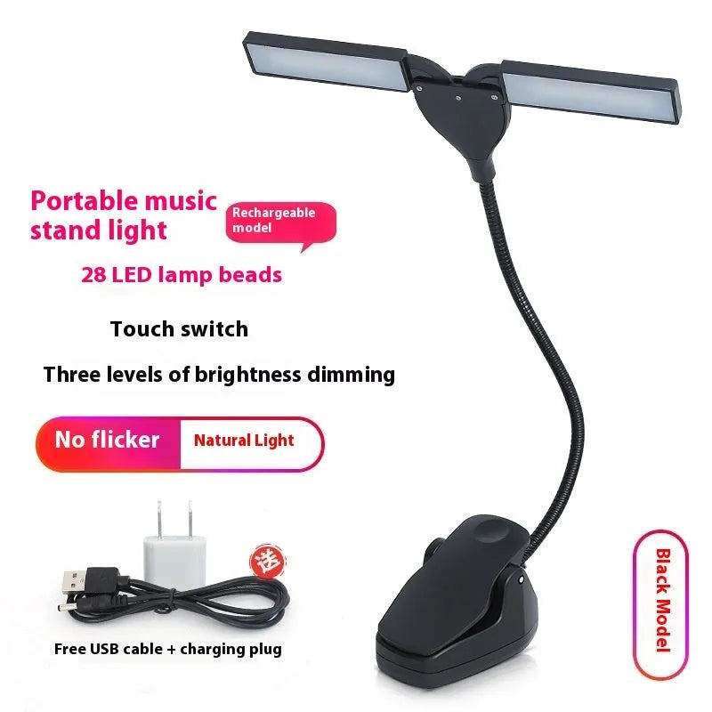 Rechargeable black music stand lamp with 28 LED lights for instrument practice