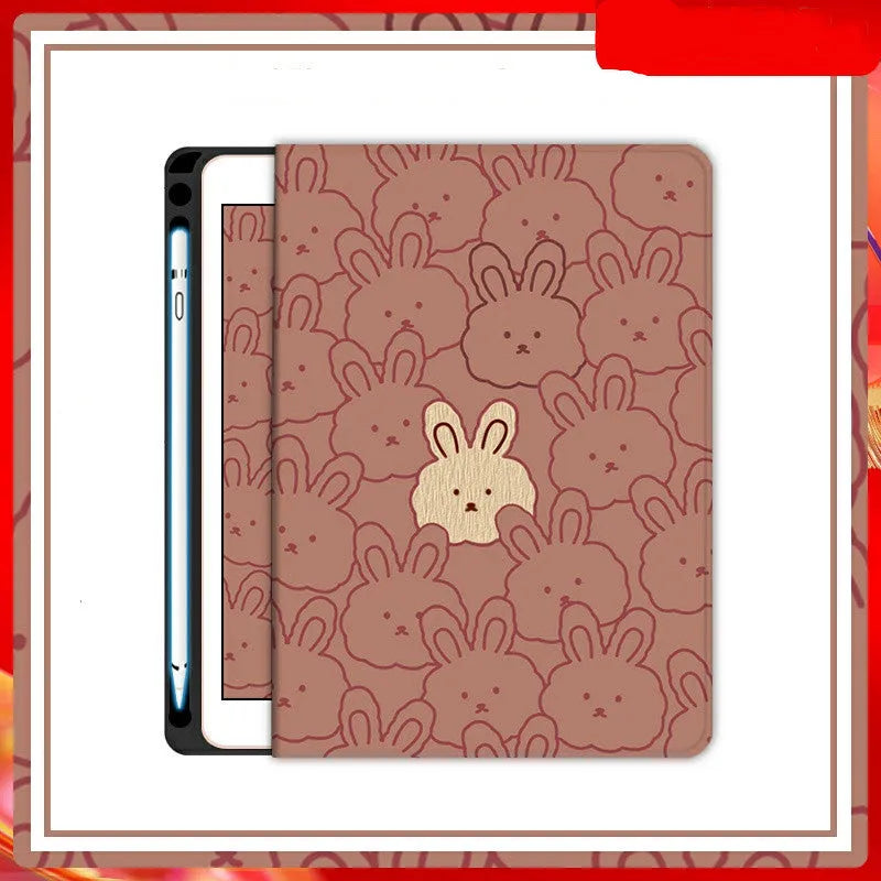 Cartoon rabbit silicone iPad case in book full screen style, compatible with multiple iPad models
