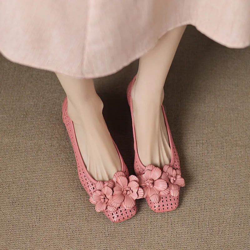 Light brown women's leather pumps with hollow weave design and a mid heel on a beef tendon sole.
