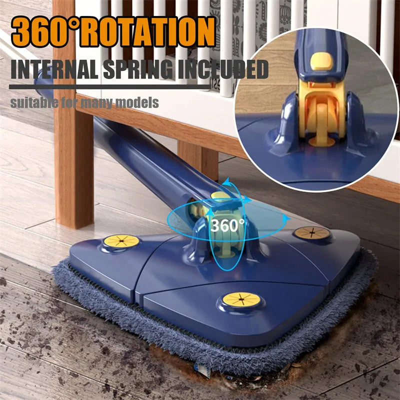 Blue triangle mop with rotating head on an extendable stainless steel pole for cleaning floors and walls.
