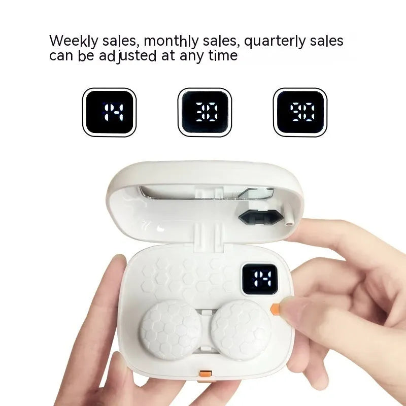 Pearl white automatic ultrasonic glasses cleaning machine for invisible eyewear, measuring 85x65x30mm