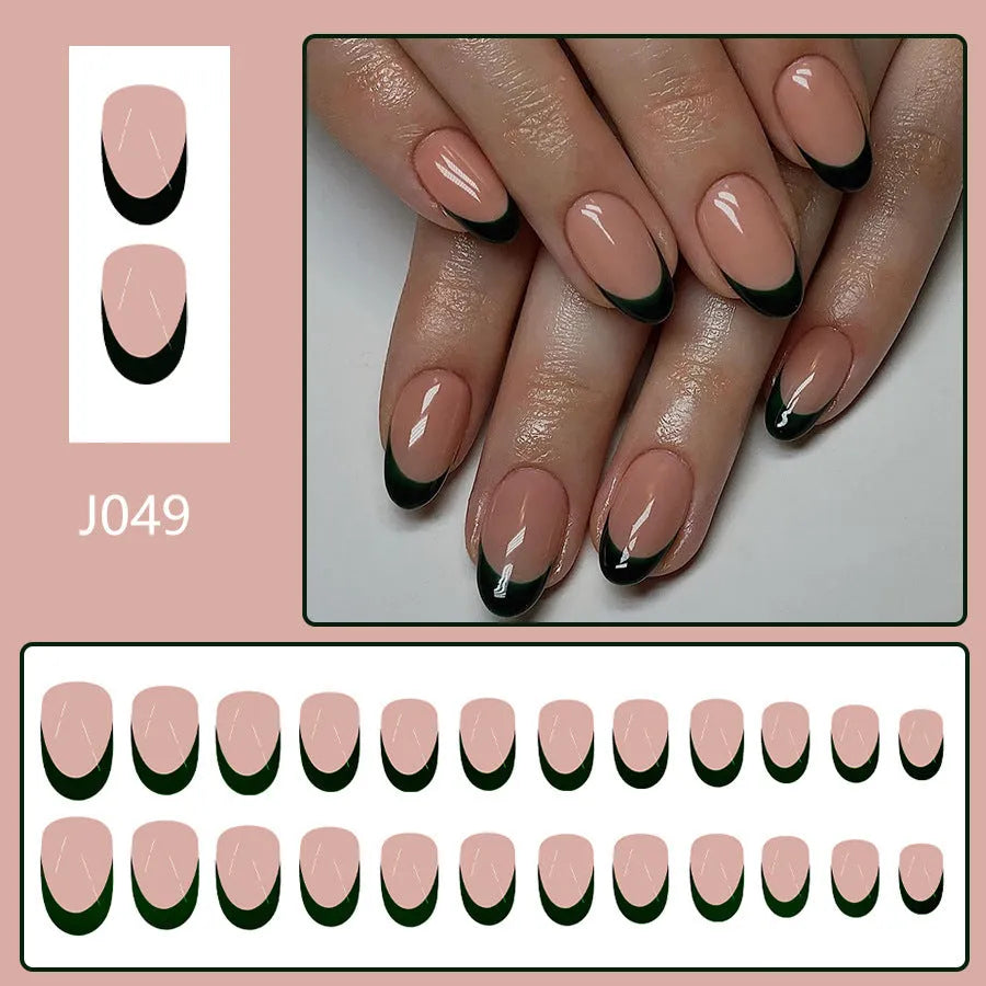 Set of 24 black French manicure false nails in short almond shape, J049 colour