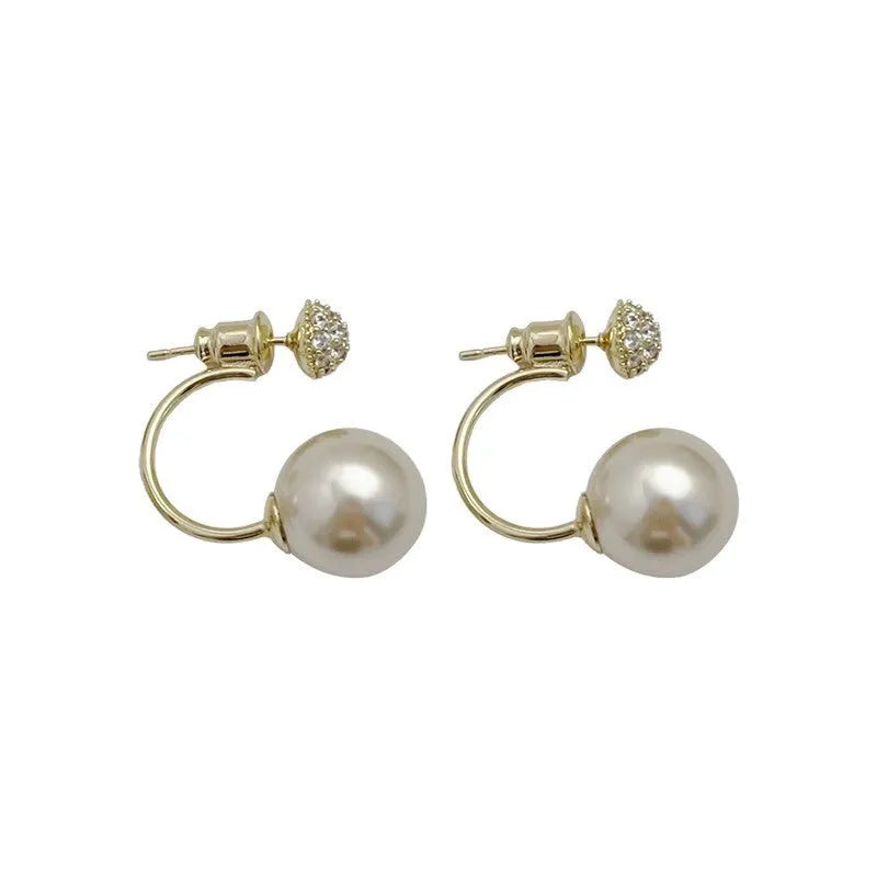 Geometric pearl stud earrings in gold electroplated copper with hanging-back design for women