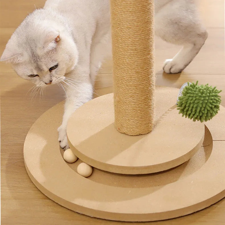 Vertical cat climbing frame with hemp rope wrapping and canna-coloured chamfered grab columns