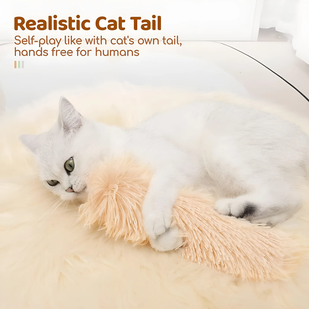 Plush cat toy pillow in green, white, blue, and pink colours measuring 27cm by 10cm
