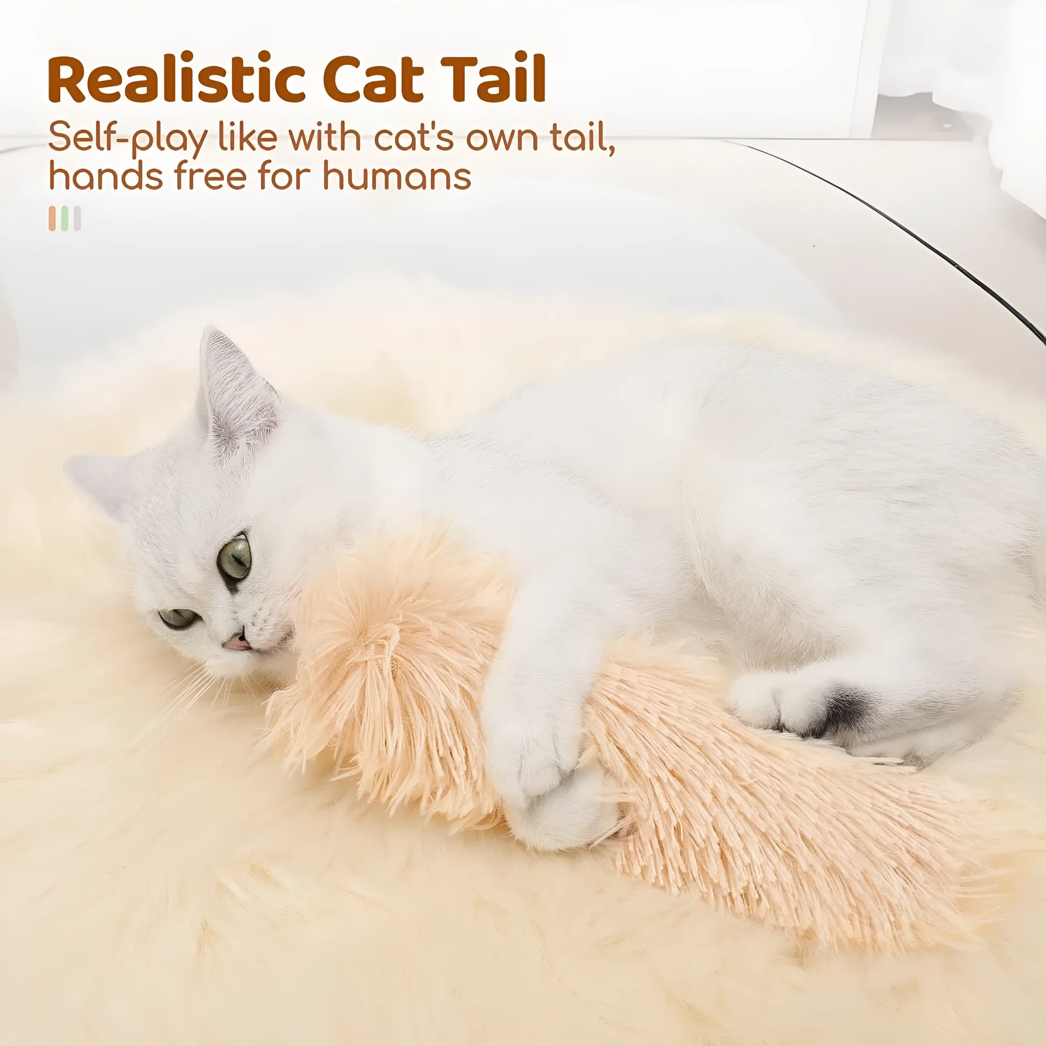 Plush cat toy pillow in green, white, blue, and pink colours measuring 27cm by 10cm