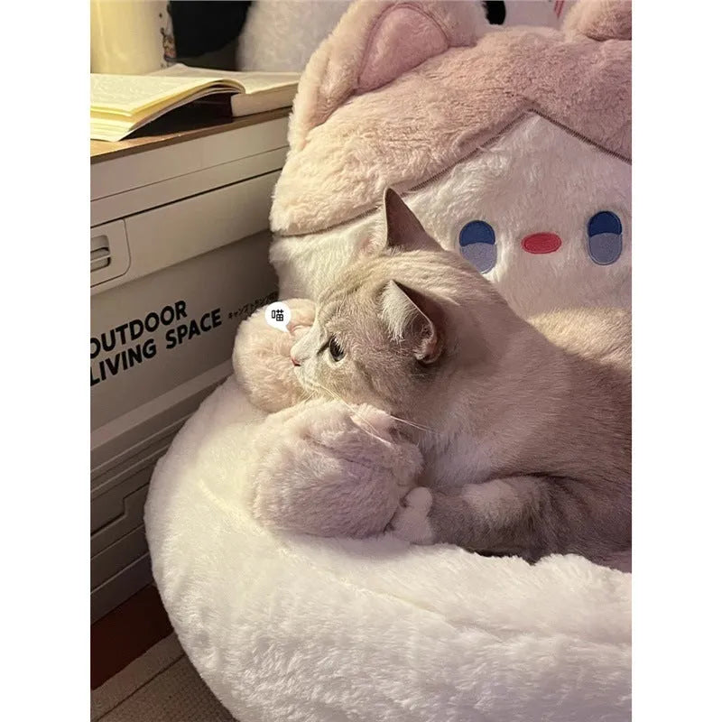 Cat nest wooden frame hug-style pet bed in big eyes blue colour with raised sides for small cats