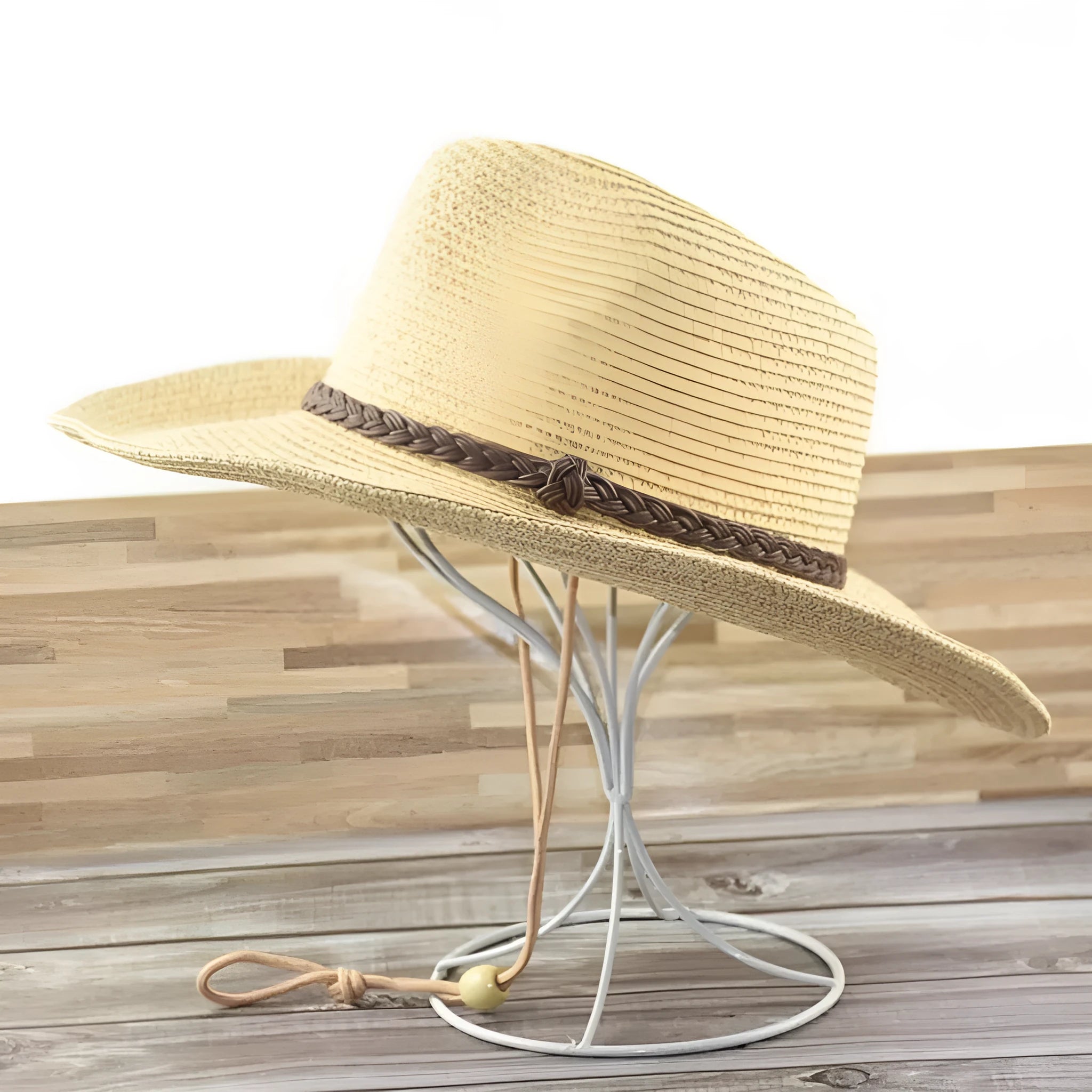 Men's foldable straw sun hat with wide brim in beige colour for summer outdoor use