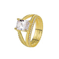 Gold-coloured geometric women's ring with a square zircon stone, shown in sizes 6 to 9.