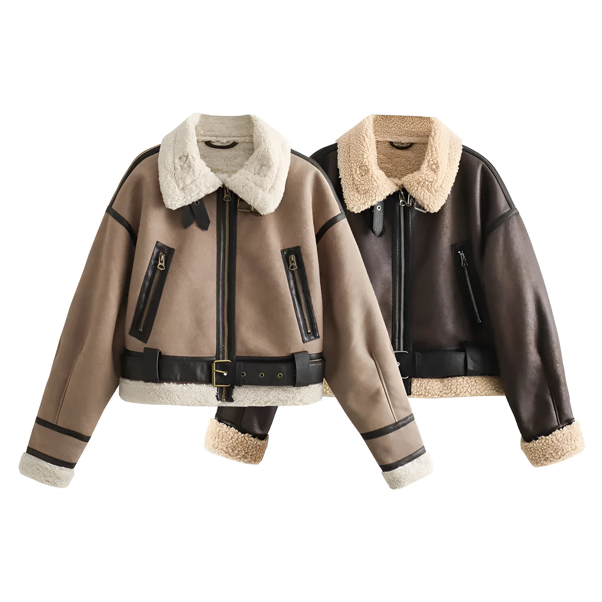 Women's loose long sleeve lamb wool splicing coat in khaki with PU fabric and zipper front