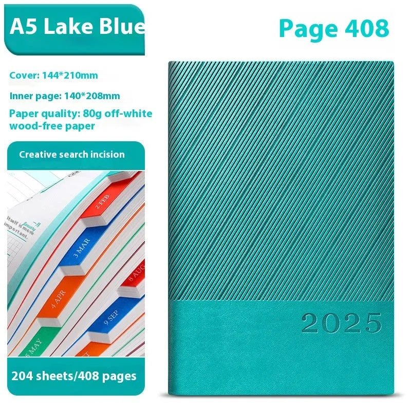 A4 notepad with striped PU leather cover open on 80g paper, showing 408 pages.