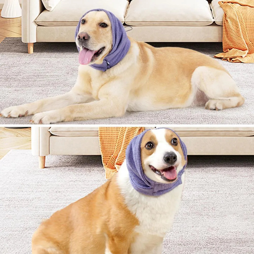 Polyester dog head cover hoodie in black or purple for noise reduction anxiety relief with ear wrap design