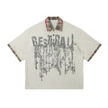 Men's loose fit cotton top with graffiti printing on lapel in asymmetric street style