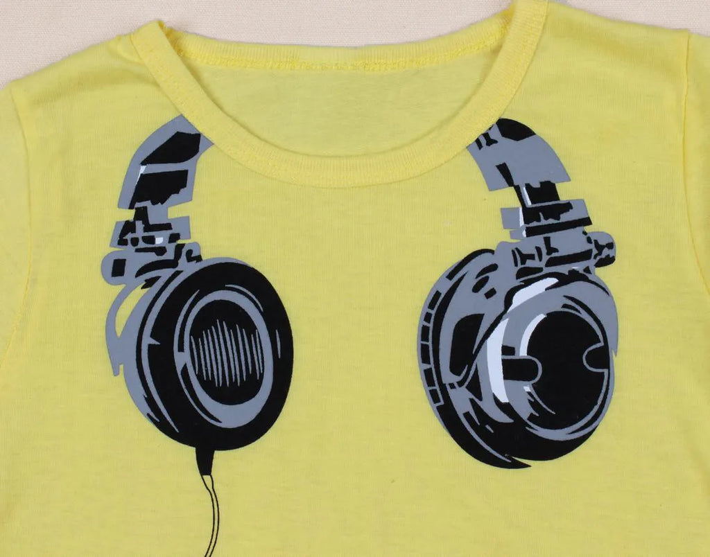 Children's short-sleeved T-shirt with earplugs pattern in white, 90% cotton, round neck, sizes 90-130cm